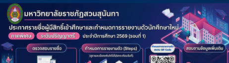 ประกาศรายชื่อผู้มีสิทธิ์เข้าศึกษาและกำหนดการรายงานตัว
ภาคพิเศษ ระดับปริญญาตรี ประจำปีการศึกษา
2569 (รอบที่ 1)